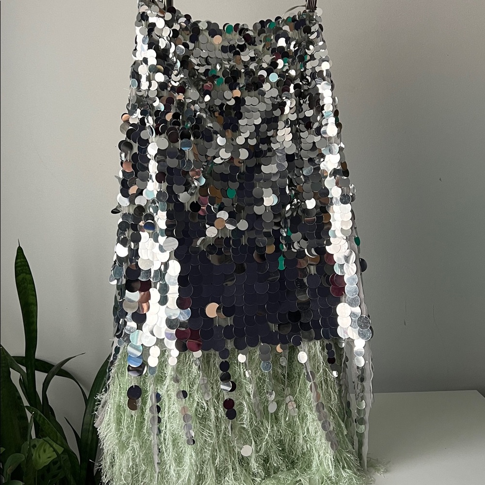 ASOS EDITION paillette sequin mermaid Skirt silver green 6 - Picture 3 of 8